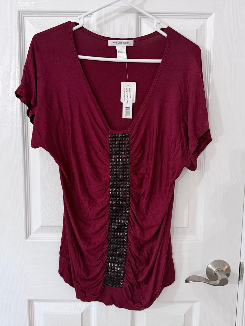 august silk Wine Short Sleeve V-Neck Top with Stud Panel